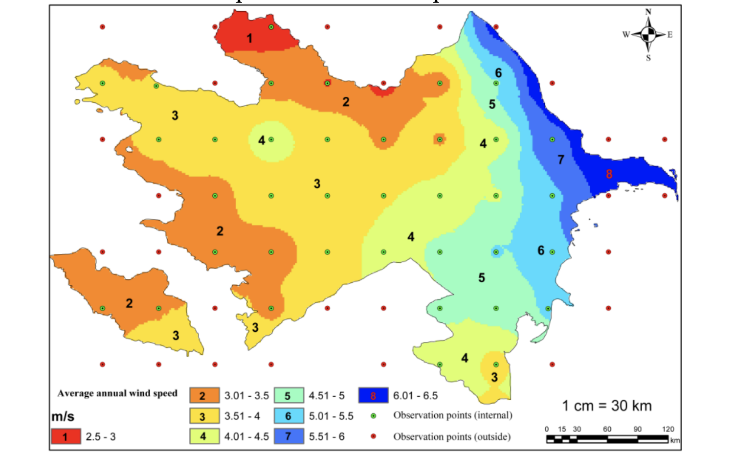 Map of wind speed distribution in Azerbaijan (50m)